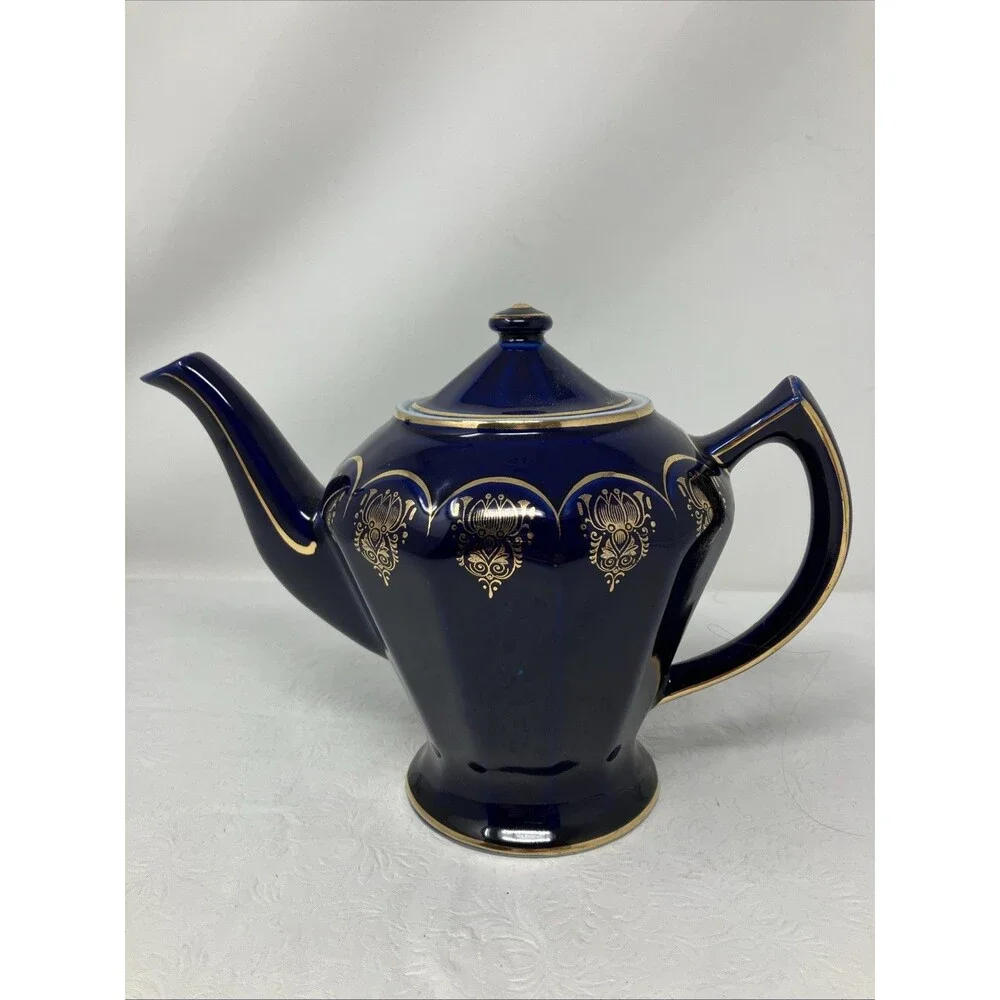 Hall USA Teapot Cobalt Blue & Gold 0223 Blue w Gold Trim 6 Cup Albany Model